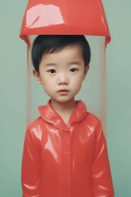 Illustration of model He Cong, as toddler,,in a photo booth, 1970s, red plastic raincoat style of Marcel Marlier, pastel colors
