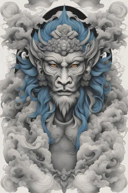 Create a captivating modern 2d black and blue ink tattoo design for print , prestigious Divine Monkey King using the elegant influences of japan art style, for print, dynamic elements from fashion and design, and bold Japanese contemporary art aesthetics, framing centered in the center, distanced from the edges of the paper perimeter, perfect anatomy, bauhaus, Divine Proportion,