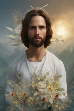 Jesus portrait , detailed hands, at dawn by atey ghailan, golden light , white robe, holding leaves and flowers , angels background, volumetric light, high detail, red leaf tree, mountains in background, perfect