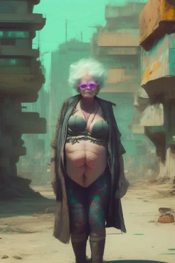 cyberpunk saggy granny woman, abandoned sci-fi town, future, sci-fi