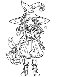 outline art for halloween coloring pages for kids with witch , white background, Sketch style, full body, only use outline, clean line art, white background, no shadows and clear and well outlined, coloring page for kids,