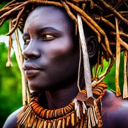 african head portrait, warrior costume, village, meditation, woods, galaxy sky, 8k quality