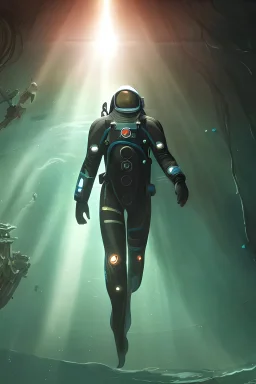 concept art by david cronenberg in the dark underwater diver astronaut underwater futuristic dark and empty spaceship. complex technical suit design. reflection material. rays and dispersion of light breaking through the deep water. trend artstation, 35 mm, f / 3