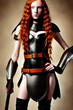 surreal, concept illustration, super-detailed, beautiful teen female who is 16 years old with long ginger hair and freckles with full lips,, full body, full face, athletic, centred camera, ignore NSFW, skimpy brown fantasy leather armor, halter top, thong, knee-high leather boots, open leather skirt, stern expression, cute pose