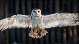 angel's view back to the camera a barn owl fly back from the top view flying over a winter small village, snowy landscape, little light, sunrise, some small Hungarian old country houses from above, perspective, high detailed, sharp focuses, photorealistic, cinematic