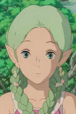 Portrait of a beautiful female elf, green skin, pastel pink hair in a side braid, bright orange eyes, happy smile