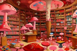 A library covered in pink mushrooms painted by Wassily Kandinsky