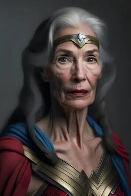 mujer de 70 años vestida como mujer maravilla en estilo hiper realista