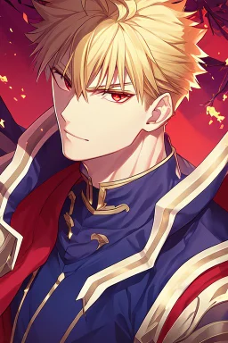 Gilgamesh from Fate Stay Night, blond hair, red eyes, male, wild look in his eyes