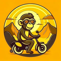 Monkey riding a scooter with sunglasses and a big smile, have a mountain sunset on the background, make a round logo, make the color brown