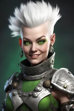 female scifi space pirate dwarf short white hair is styled into a mohawk with intricate patterns shaved into the sides. The image she portrays is very typical of a dwarf - short and muscular with square features - however she always has a mischievous smile upon her face, accentuated by her vibrant green eyes. She has fair skin
