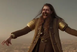 Laughing braided long haired bearded tall man wearing gold rings and rugged long merchant's coat, medieval fantasy