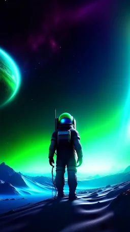 sci fi planet, astronaut in space, northern lights