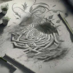 Create a pencil sketch composition featuring smoke trails swirling in the shape of a labyrinth, while crushed weed leaves form the walls and pathways, inviting viewers to embark on a visual journey of self-discovery.