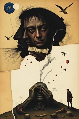 subconscious predictive demoralization, surreal, metaphoric, minimal, fragmented illustrated collage, 3 stages of grief, by Dave McKean and Salvador Dali