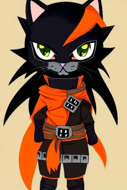 cat 2d, knight, ninja, black fur,full body, orange torn coat,game character, strong, anime, chibi