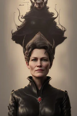 Robin Wright as evil queen in black leather, busty, cleavage, curvy, Claire Underwood, angry, stern look. character design by cory loftis, fenghua zhong, ryohei hase, ismail inceoglu and ruan jia. unreal engine 5, artistic lighting, highly detailed, photorealistic, fantasy