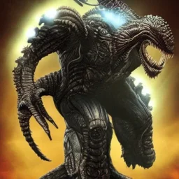 hybrid kaiju between alien xenomorph of ridley Scott and iron man