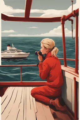 23 years old girl, with blond hair and a messy bun. standing on in a red boat, wearing red clothes and looking trough binoculars watching something in the middle of the sea. You see the whole boat. You see the gril in front. It's a ferry. Wes anderson style. In front