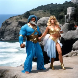 [Jason and the Argonauts (1963)] super bear in the jun with a blue costume and Stormy Daniels as Aphrodite, on the shore