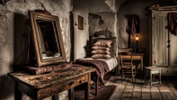 In the foreground close up an old, broken and cracked mirror rests on a vintage wooden table, the dimly lit space. European village poor room. A narrow, vintage wooden bed with large pillows at the end stands in the background, accompanied by an old wardrobe. A small table by the wall holds a kerosene lamp, simple, worn furniture. on the wall hangs a painted image hang of the Virgin Mary, small wooden window , high detailed, high realistic