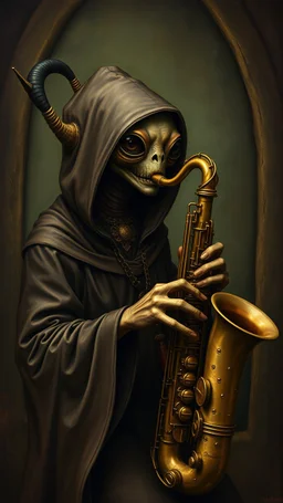 Hieronymus Bosch style , a hooded alien playing the saxophone