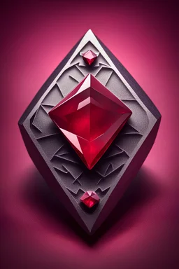 A red ruby stone with a colored background in one color and inside the stone is a complex Ethereum symbol in a different color. On the edge of the stone is a symbol of a letter of the English or Roman alphabet.
