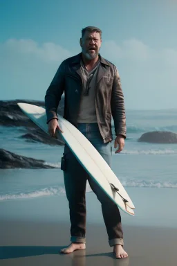 russel crowe with a surfboard, brett leonard, jeffrey wright, unreal 5, octane render, cinema4d, dynamic lighting, dramatic lighting, 4k, redshift render, highly detailed, hyper realistic