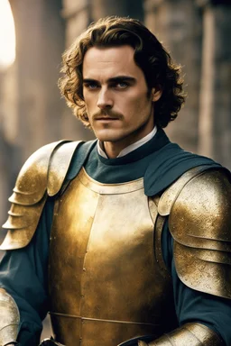 Joaquin Phoenix from year 2000, draped waves haircut, in medieval setting, in medieval armor colored back and gold