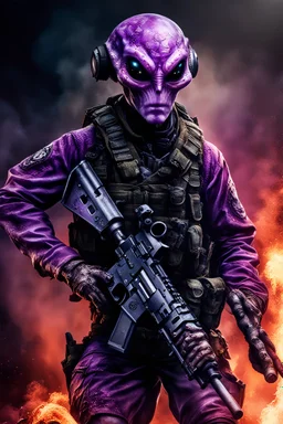 an epic 12k,ultra high definition , digital photo of a scary looking alien, purple colored alien, angy and rising from the ashes, a war veteran, army beret , captain rank, ripped and torn ammo clothing, chaotic fiery and dust background, dramatic close-up action shot of him behind the machine hand gun on the burned out war tanker,gothic and sinister