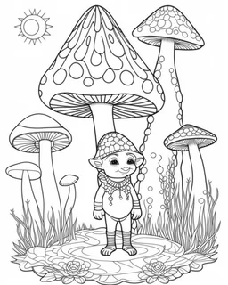 Coloring pages: Whimsical lion in A magical mushroom haven, complete with whimsical fairy houses and enchanting toadstools.