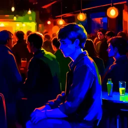 a single figure in a crowded bar at night, young people, dark colors, impressionist style