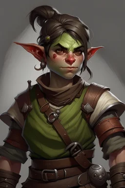 Dungeons and dragons orc tomboy. She has gray skin. She is kind. She is handsome. She has nice eyes. She has short hair. She is strong. She is in a tavern. She has broad shoulders. She has a large jaw. Realistic style