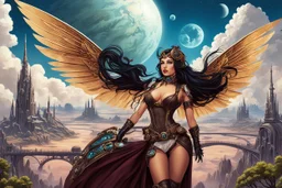 exotic sci-fi steampunk pin-up girl, with long dark hair and wings, on an alien planet with cloud trees, tall spires, buildings, bridges, arches