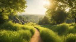 Beautiful realistic rural landscape, warm sunshine, lush plant growth, human habitation, peaceful, delightful, idyll, award-winning photograph, detail, beautiful composition, attractive colour