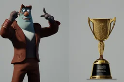 minimalistic trophy design for animation film festival character with creative trophy with his hand like winner