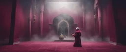 Hyper Realistic man praying inside a maroon wall mosque with thick fog & rainy night