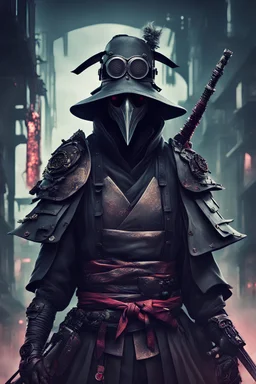Samurai with plague doctor mask, cyberpunk setting, cyborg