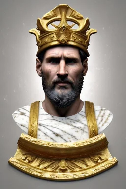 Ultra Realistic image, Roman sculpture, white marble material, Lionel Messi, gold Laurel leaves wreath, renaissance ornaments, one gold star in heart, marble and gold ornaments background, chisel style, waist up portrait, emperor style, epic, celestial, cinematic lighting, God light, god rays, 4k resolution, smooth details, ornate details, soft lighting, unreal engine 5, art station, substance 3d.