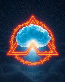 a blue nuclear explosion cloud, behind an orange glowing omega like shape, all inside an equilateral triangle opening, that is like a window to a different world, radiant lines, sci-fi fantastic
