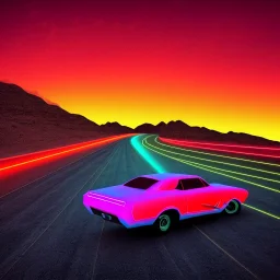 art deco, cyberpunk, neon muscle cars race, desert road, sunset, full colour, hd,