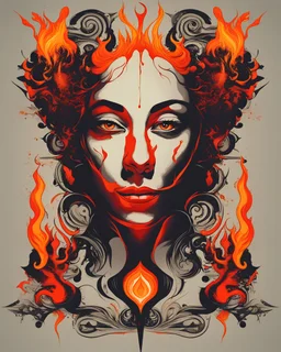 /imagine prompt: Enigmatic Flames::2 Surrealism, Typography, High contrast, Fiery colors, Abstract symbolism, My wife is hot / psychotic:: t-shirt vector, center composition graphic design, plain background::2 mockup::-2 --upbeta --ar 1:1