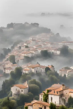 small town in southern France covered in fog