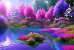 monde en fleurs, blue lake, flower tree-houses, concept art, crépuscule , fuksia bleu oranger, vibrant Color, réaliste, riviere bleu, tree-house bougainvillier, roses