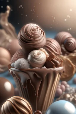 chocolate candy and ice cream. realistic, stars, filigree detail, misty haze, photorealism, transparent, backlit, fantastic, fairytale, delicate pastel colors, translucent, glow, clear, lines, aesthetic, beautiful, high resolution, sunny ocean background on chocolate flavors, using 3D technology and 8K resolution, with delicate pastel colors.