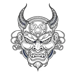 White, minimalis line art , oni mask japanes , vector, white background, outline, with images neatly contained within the background, just black and white color, tatto style.