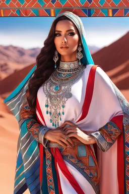 Super model arabian woman, detailed, hyper realistic, wearing Arabian a vibrant Amazigh dress adorned with geometric patterns,hijab, silver jewelry glinting in the sun, standing proudly in the Atlas Mountains.