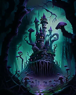 A frightening mushroom forest dungeon with a twisted bramble evil castle in the background