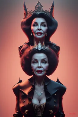 Joan Collins as evil queen in black leather, leather, busty, cleavage, angry, stern look. character design by cory loftis, fenghua zhong, ryohei hase, ismail inceoglu and ruan jia. unreal engine 5, artistic lighting, highly detailed, photorealistic, fantasy