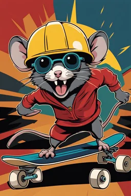 A rat on a skateboard, with glasses and a helmet; the rat laughs; fire coming from behind; cartoon style complementary colors, with the text "FISCALIA COLOMBIA"